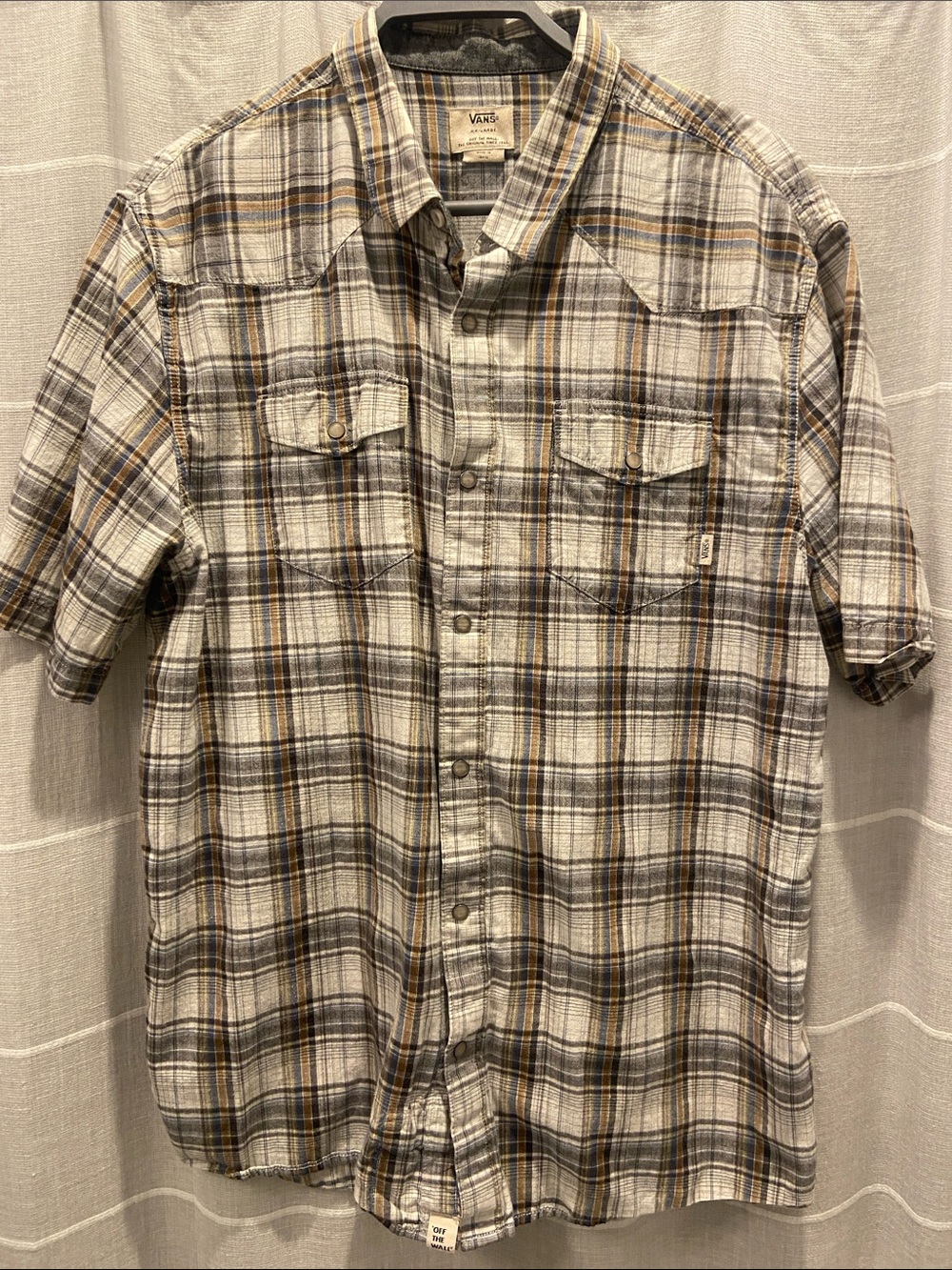 Vans Plaid Short-Sleeve snap -Down Shirt in Cream, Brown, and Gray